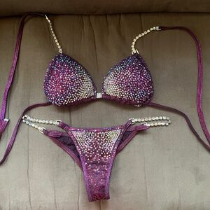 Rhinestone Embellished Purple Bikini Set - Women's Swim